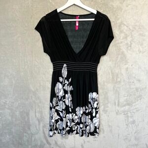 Christina Love Dress XL Empire Waist V Neck Black Floral Stretchy Boho Y2K
